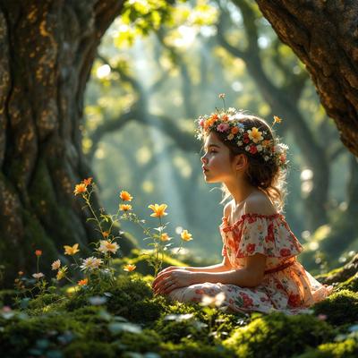 The primary subject of the image is a young girl sitting on the ground in a forest. She is surrounded by a variety of flowers, including daisies, which are scattered throughout the scene. The setting is a lush, green forest with trees in the background. The visual style of the image is a combination of photo and digital art, creating a vibrant and natural atmosphere. The colors and mood of the image are predominantly warm and inviting, with the girl and flowers serving as the focal points of the scene.